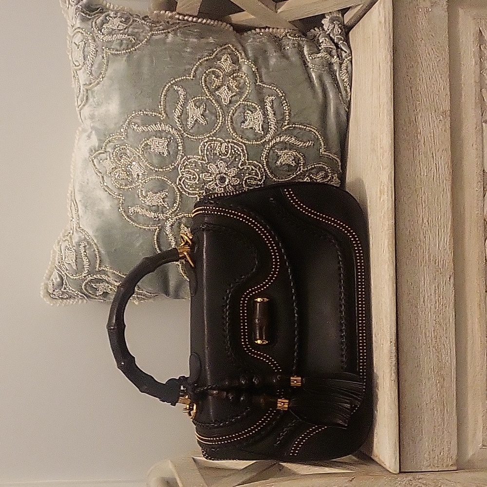 Gucci Black Leather Large Top Bamboo Handle Bag